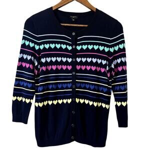 Talbots Valentine Heart Knit Cardigan Sweater 3/4 Sleeve Small Petite Navy Blue